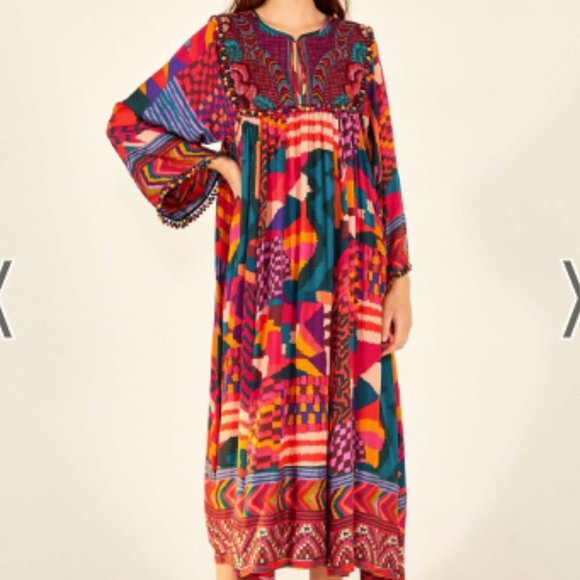 FARM Rio Dresses & Skirts - Farm Rio Women’s Red Abstract Patches Kaftan Dress